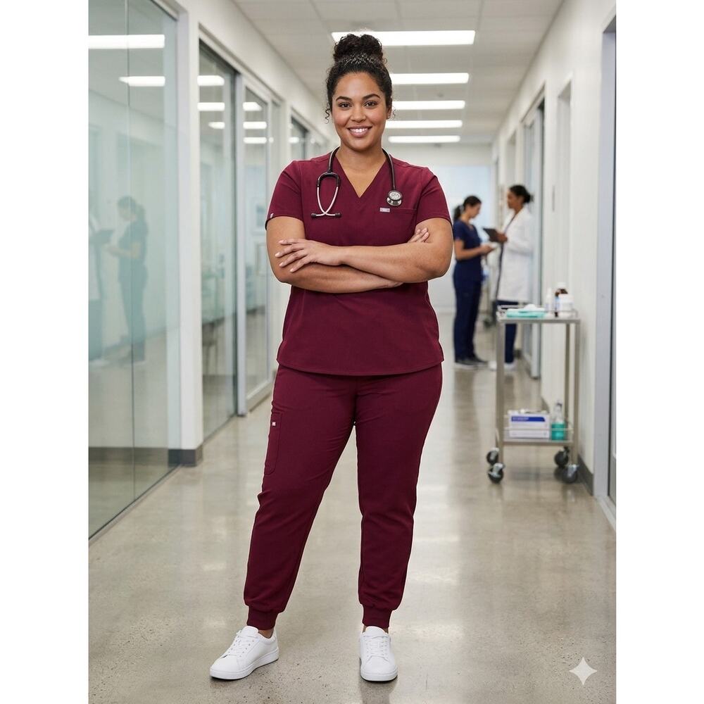 Figs Scrub Set Plus Sz XL in Burghandy caterina top Zamora joggers nurse workwr